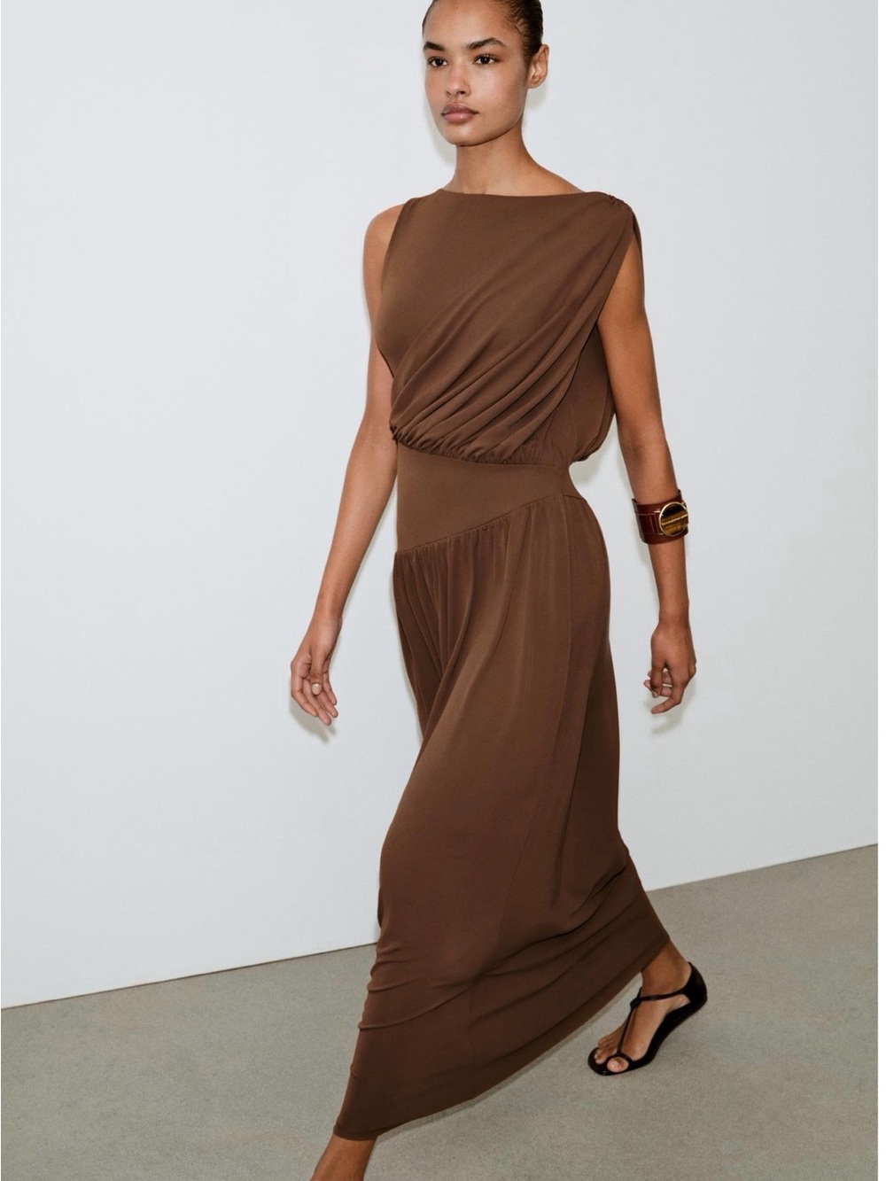 Zara Brown Sleeveless Draped Maxi Dress